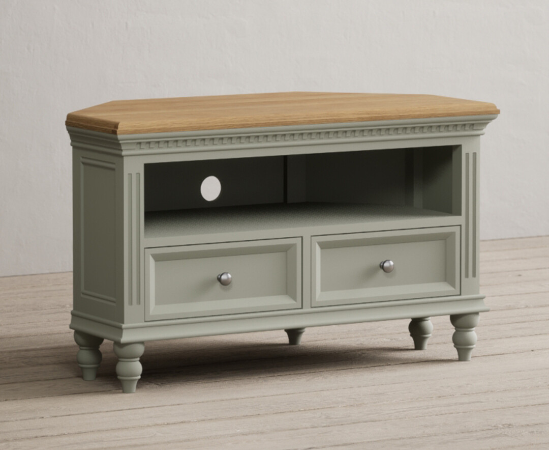 Product photograph of Francis Oak And Soft Green Painted Corner Tv Cabinet from Oak Furniture Superstore.