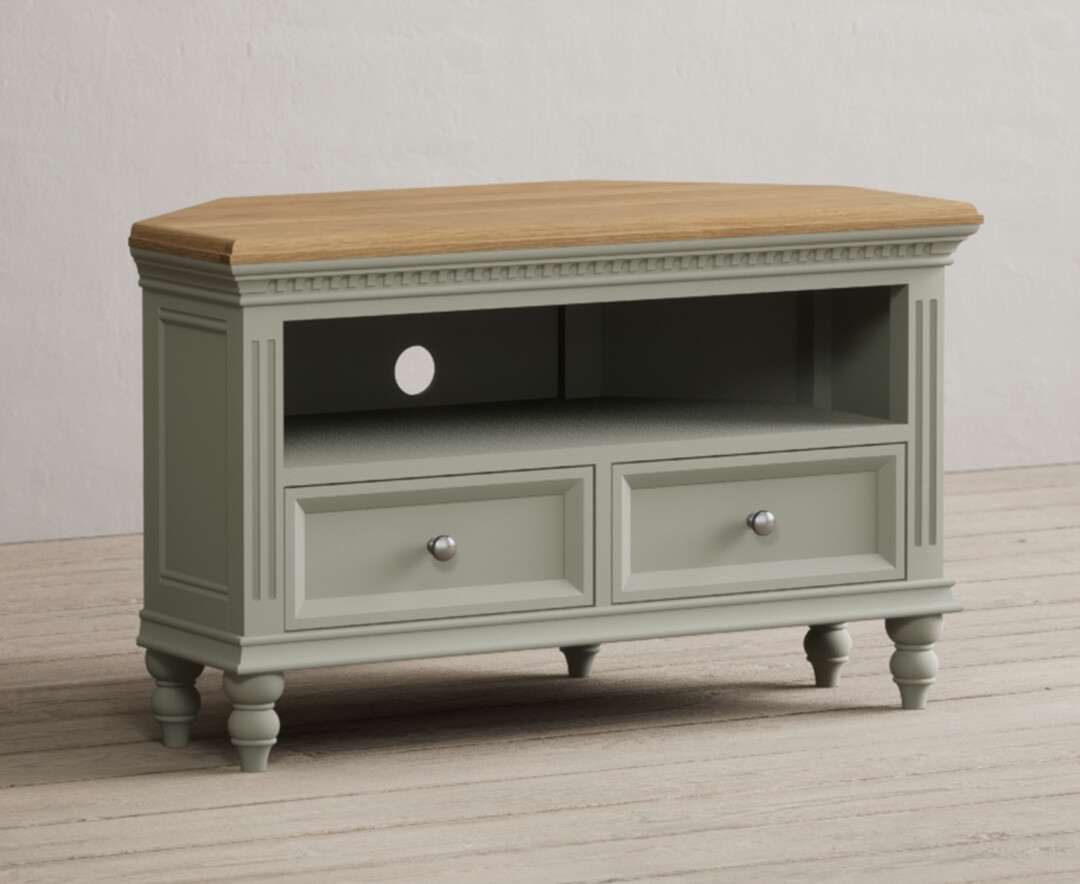 Product photograph of Francis Oak And Soft Green Painted Corner Tv Cabinet from Oak Furniture Superstore
