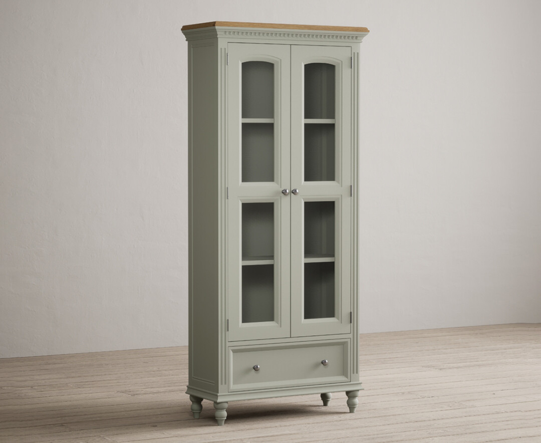 Product photograph of Francis Oak And Soft Green Painted Glazed Display Cabinet from Oak Furniture Superstore.