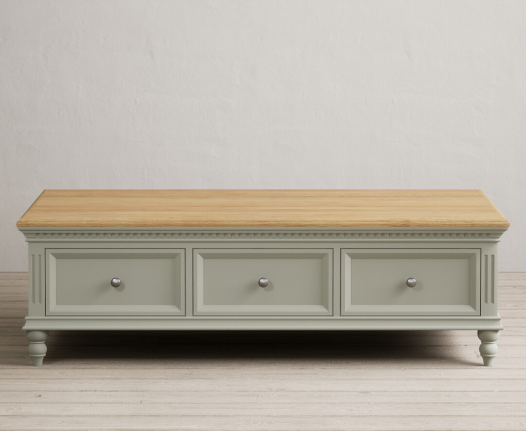 Product photograph of Francis Oak And Soft Green Painted 6 Drawer Extra Large Coffee Table from Oak Furniture Superstore