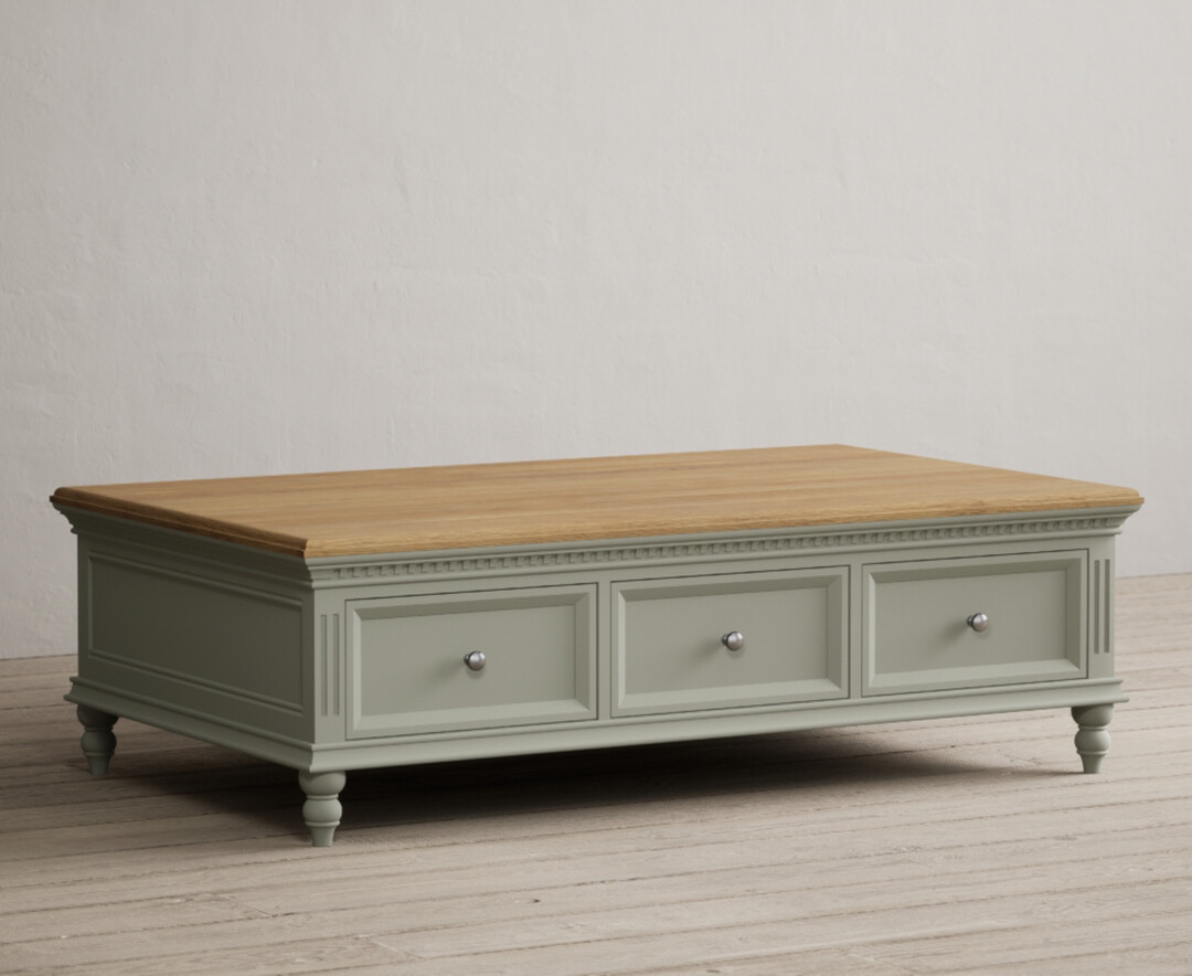 Product photograph of Francis Oak And Soft Green Painted 6 Drawer Extra Large Coffee Table from Oak Furniture Superstore.