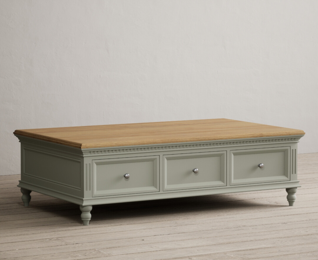 Product photograph of Francis Oak And Soft Green Painted 6 Drawer Extra Large Coffee Table from Oak Furniture Superstore