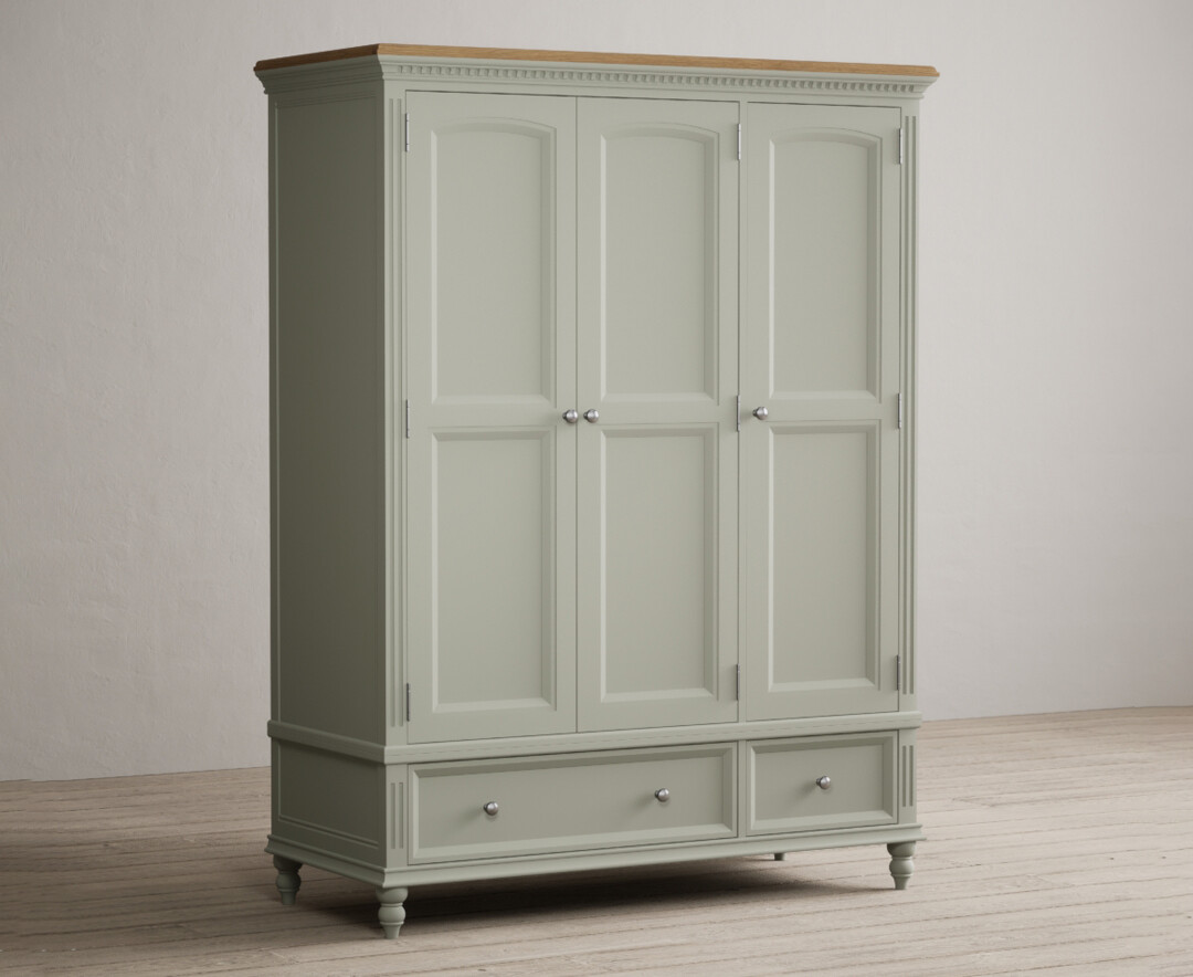 Product photograph of Francis Oak And Soft Green Painted Triple Wardrobe from Oak Furniture Superstore.