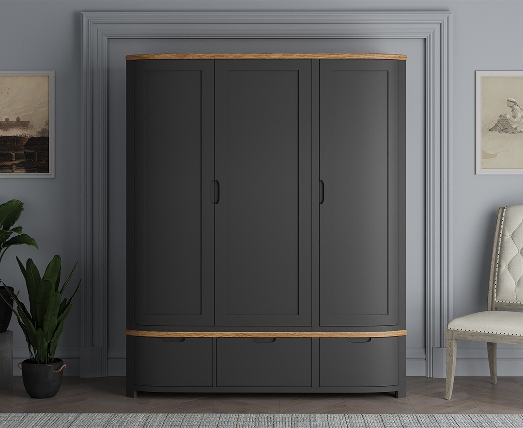 Product photograph of Bradwell Oak And Charcoal Painted Triple Wardrobe from Oak Furniture Superstore
