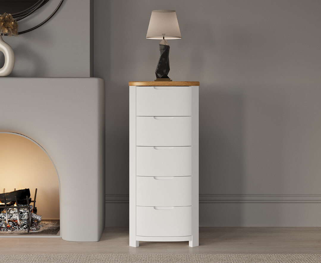 Bradwell Oak and Signal White Painted 5 Drawer Tallboy | Oak