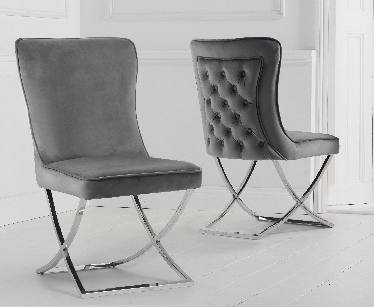 Photo 2 of Antonio 220cm grey marble table with 6 grey lorenzo velvet chairs