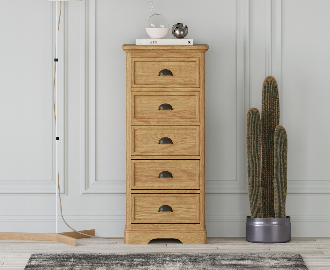 Product photograph of Cambridge Solid Oak 5 Drawer Tallboy from Oak Furniture Superstore