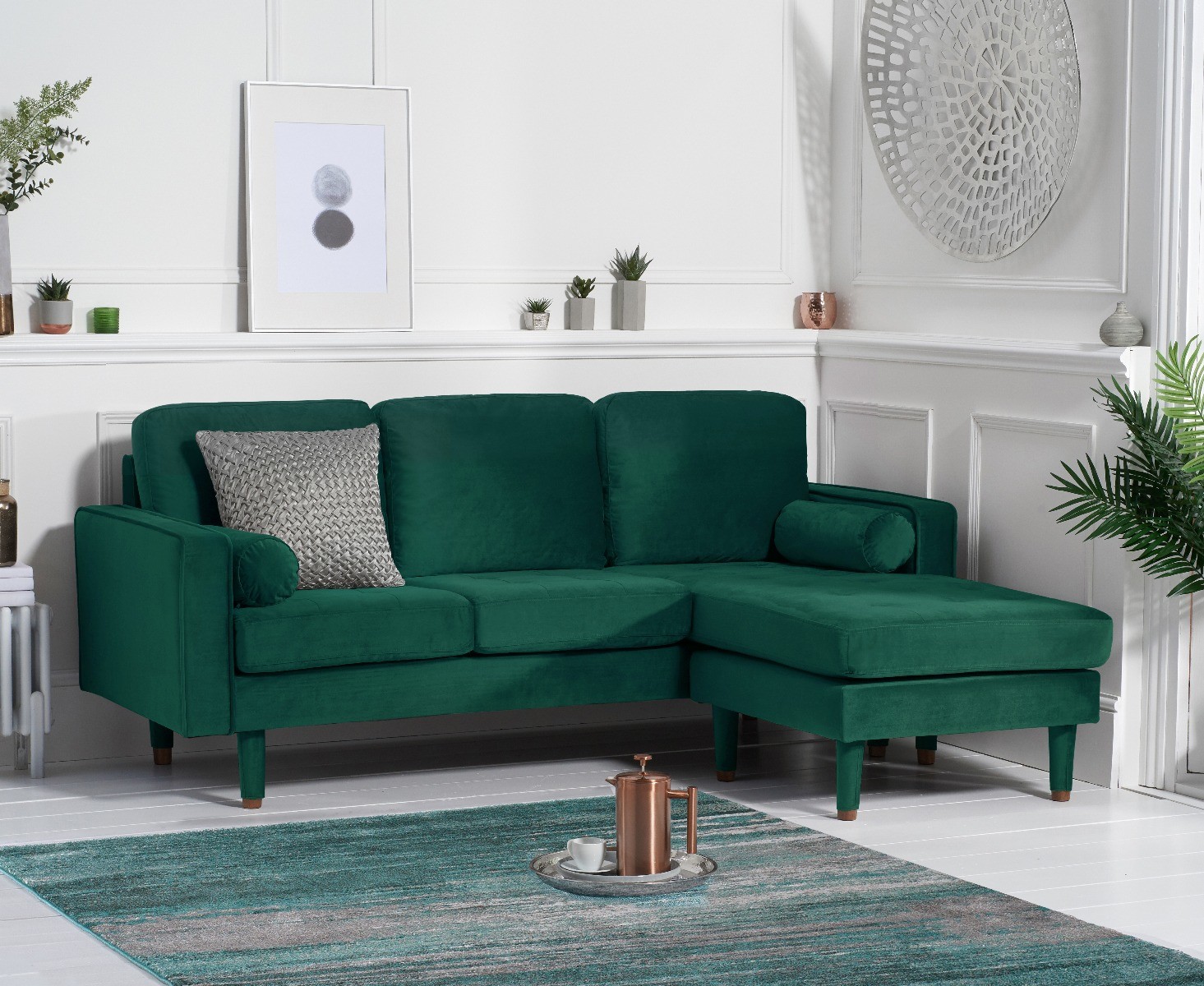 Bailey Green Velvet 3 Seater Reversible Chaise Sofa