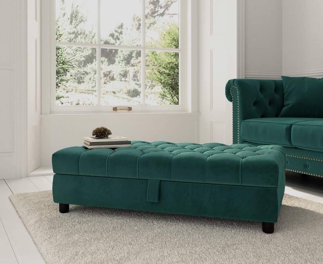 Product photograph of Mayfair Green Velvet Storage Footstool from Oak Furniture Superstore