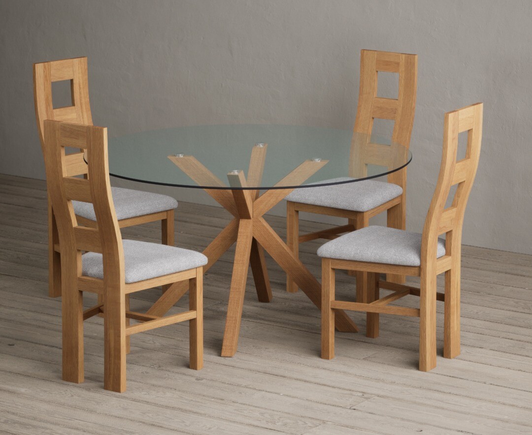Product photograph of Lakelyn 140cm Round Solid Oak And Glass Dining Table With 4 Brown Natural Chairs from Oak Furniture Superstore