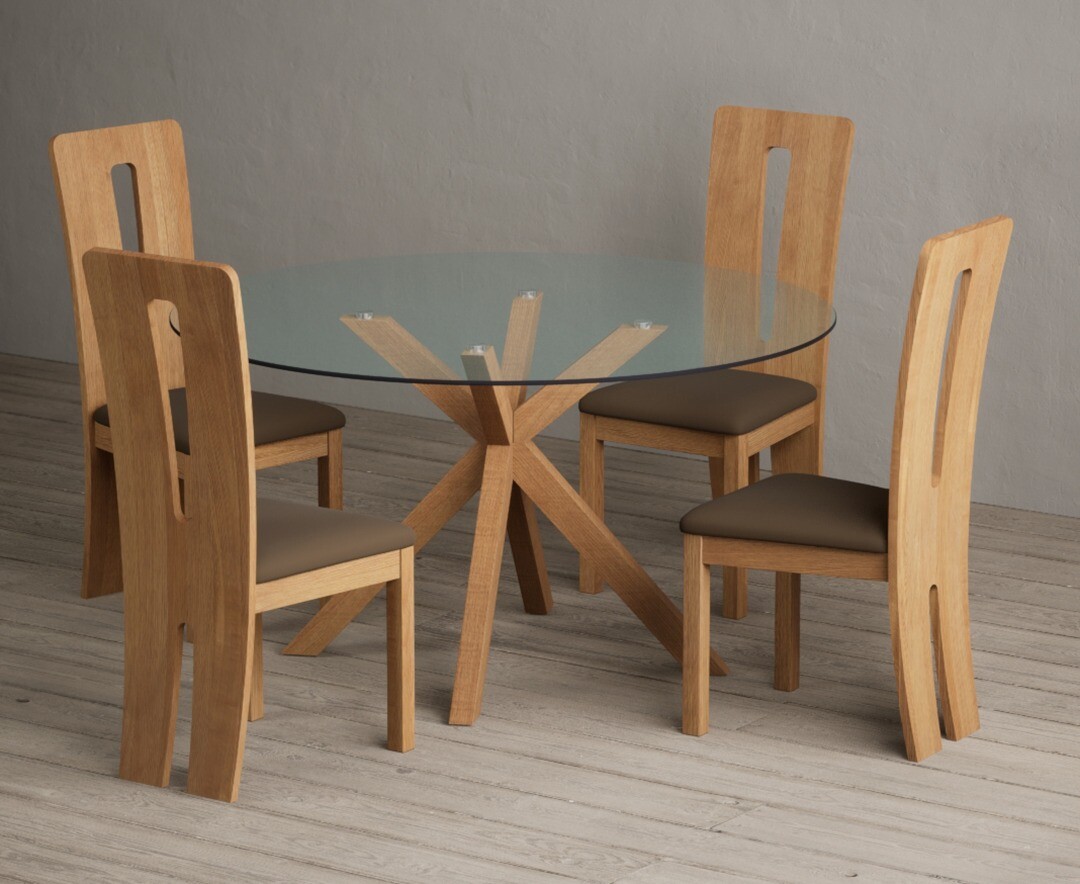 Product photograph of Lakelyn 140cm Round Solid Oak And Glass Dining Table With 4 Oak Lucca Chairs from Oak Furniture Superstore