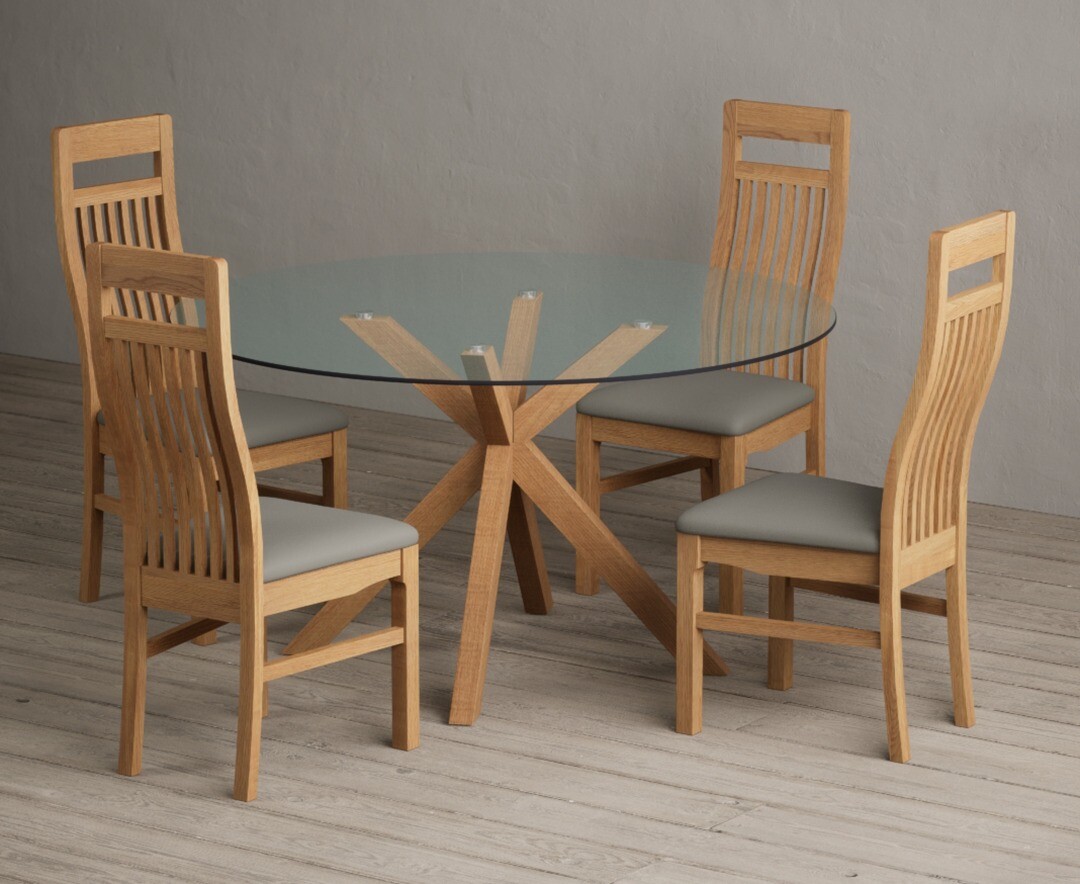 Product photograph of Lakelyn 140cm Round Solid Oak And Glass Dining Table With 4 Black Chairs from Oak Furniture Superstore