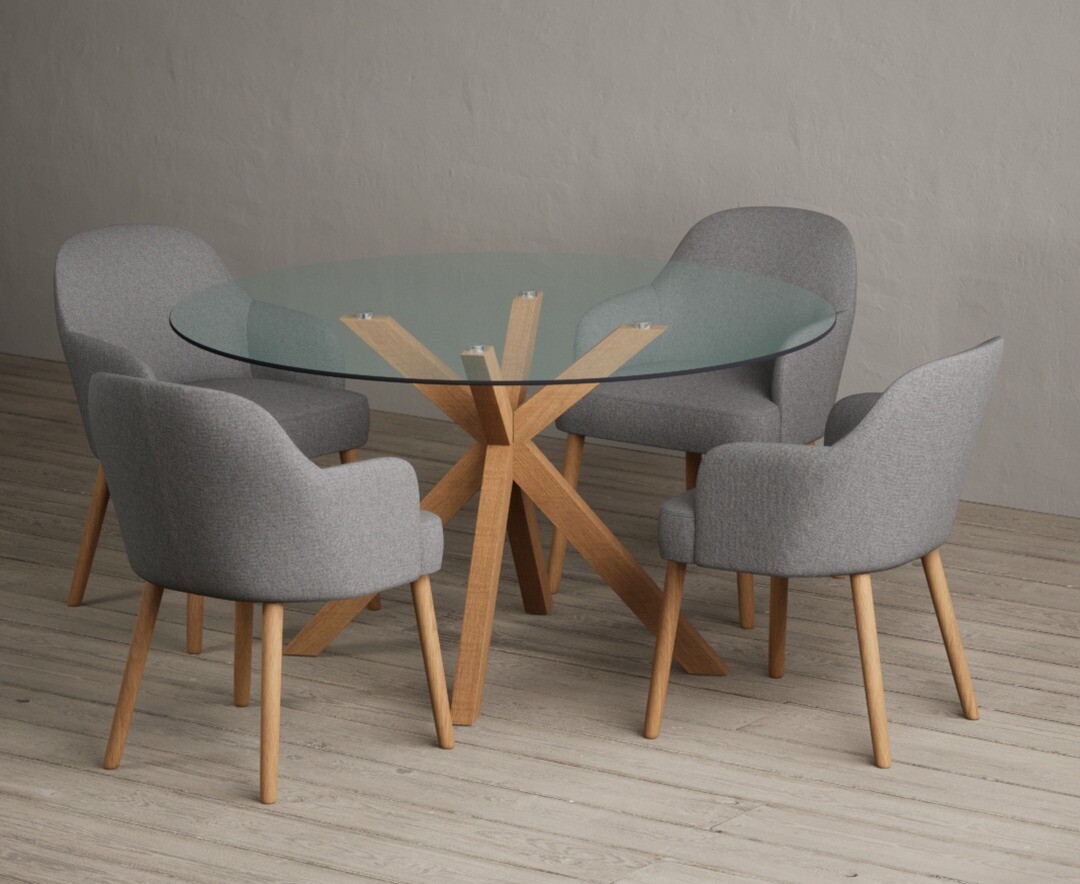 Product photograph of Lakelyn 140cm Round Solid Oak And Glass Dining Table With 4 Light Grey Oliver Chairs from Oak Furniture Superstore