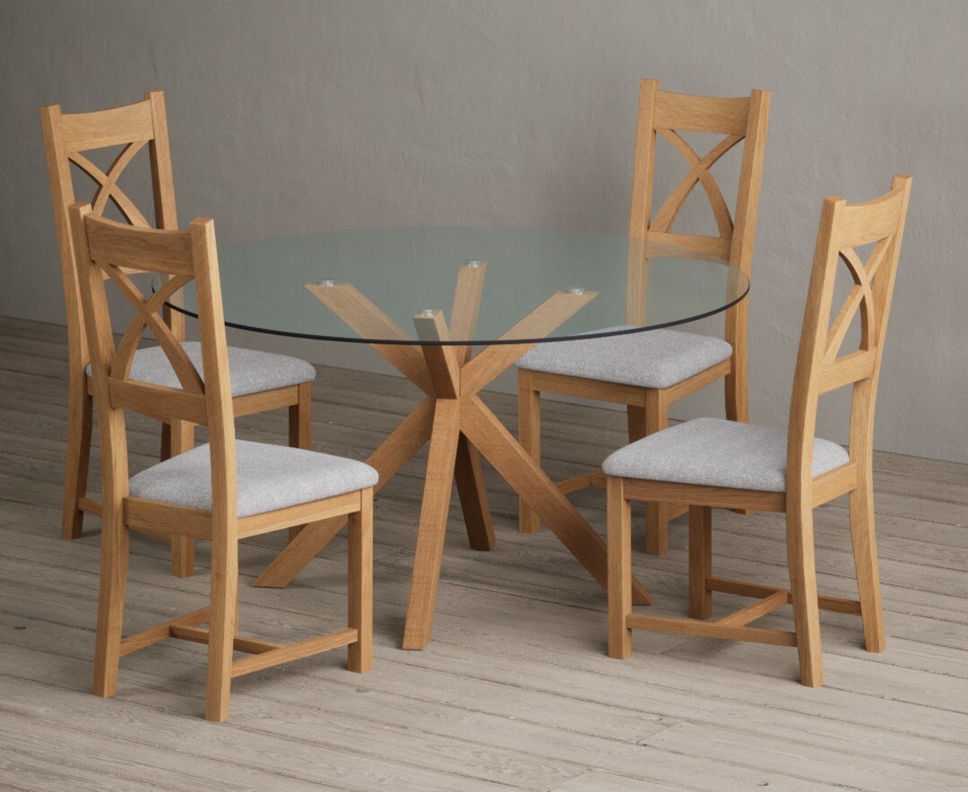 Product photograph of Lakelyn 140cm Round Solid Oak And Glass Dining Table With 2 Linen Natural Solid Oak Chairs from Oak Furniture Superstore