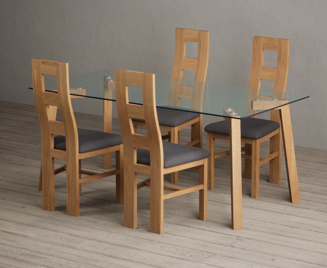 Product photograph of Lakelyn 180cm Solid Oak And Glass Dining Table With 6 Light Grey Natural Chairs from Oak Furniture Superstore