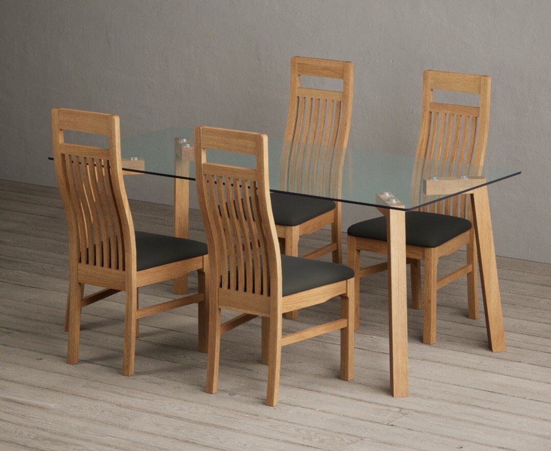 Product photograph of Lakelyn 180cm Solid Oak And Glass Dining Table With 4 Grey Chairs from Oak Furniture Superstore