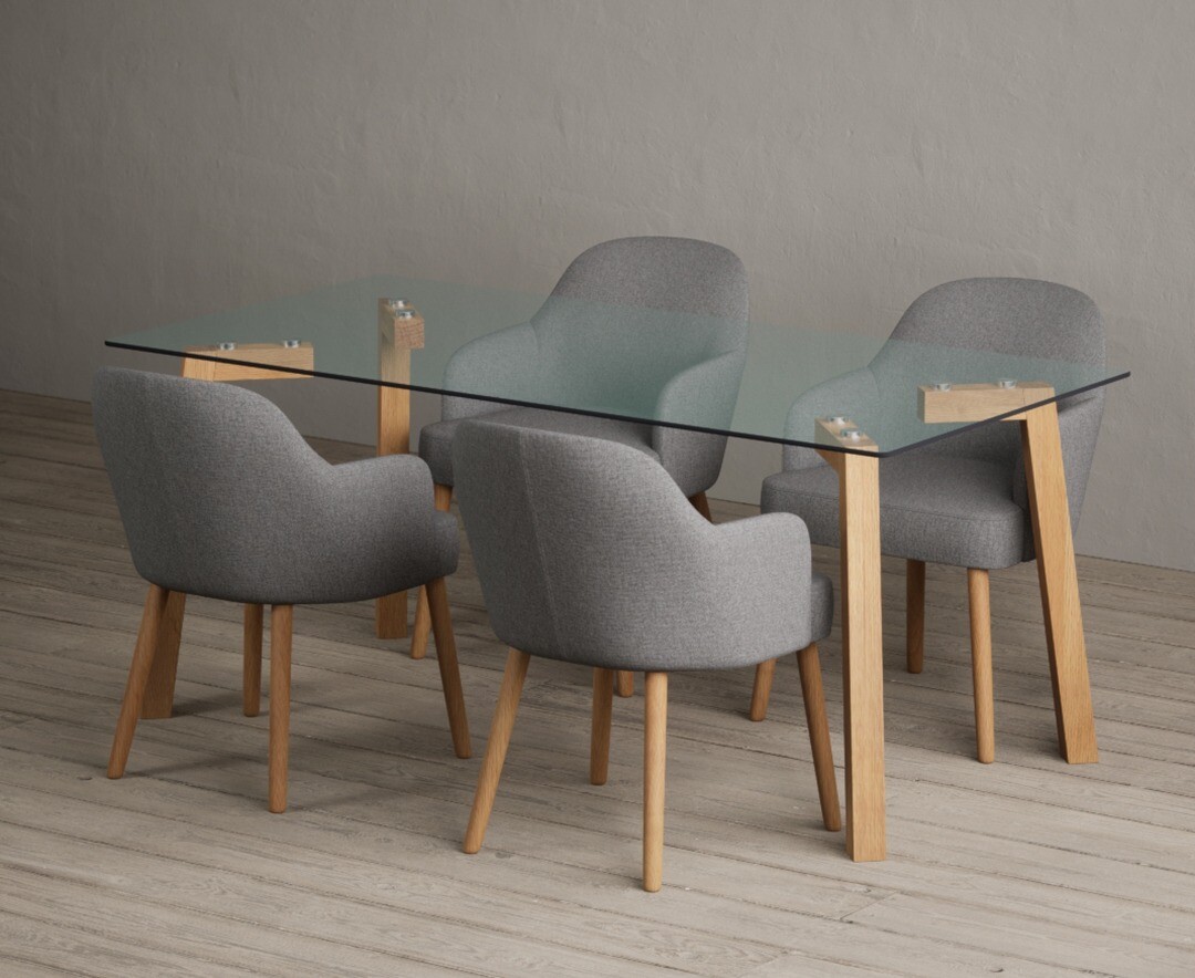 Product photograph of Lakelyn 180cm Solid Oak And Glass Dining Table With 6 Light Grey Oliver Chairs from Oak Furniture Superstore
