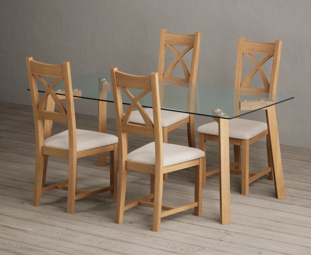 Product photograph of Lakelyn 180cm Solid Oak And Glass Dining Table With 4 Blue Natural Solid Oak Chairs from Oak Furniture Superstore
