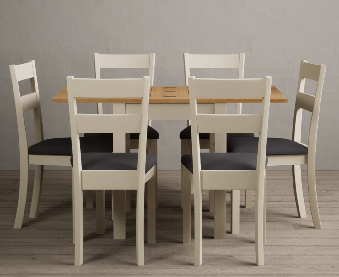 Product photograph of Extending Hadleigh Oak And Cream Painted Dining Table With 6 Linen Kendal Chairs from Oak Furniture Superstore
