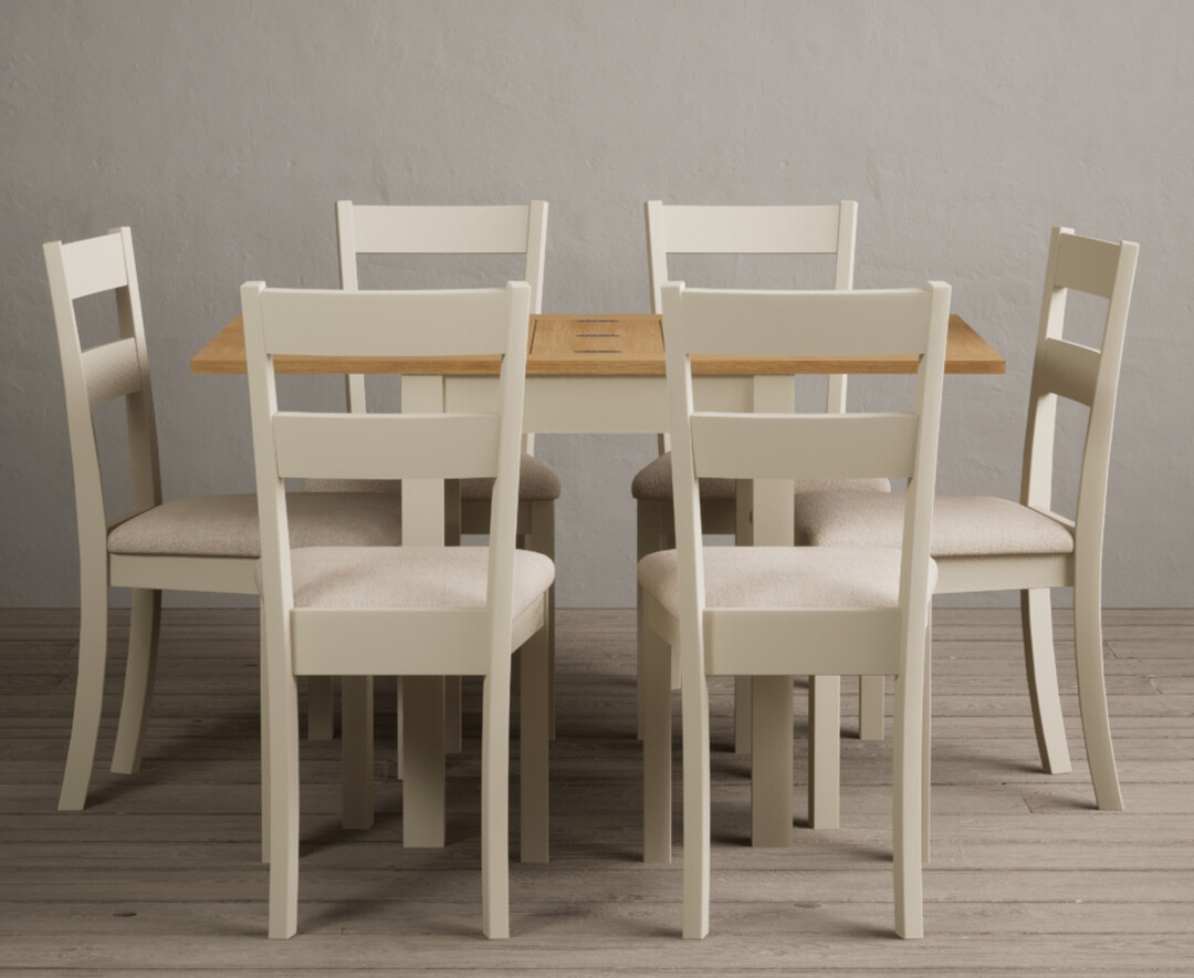 Extending Hadleigh Oak And Cream Painted Dining Table With 6 Blue Kendal Chairs