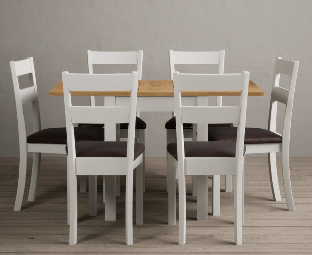 Extending Hadleigh Oak And Signal White Painted Dining Table With 6 Brown Kendal Chairs