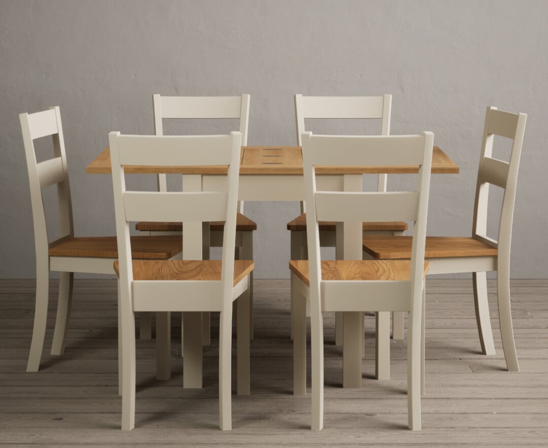 Extending Hadleigh Oak And Cream Painted Dining Table With 6 Light Grey Kendal Chairs