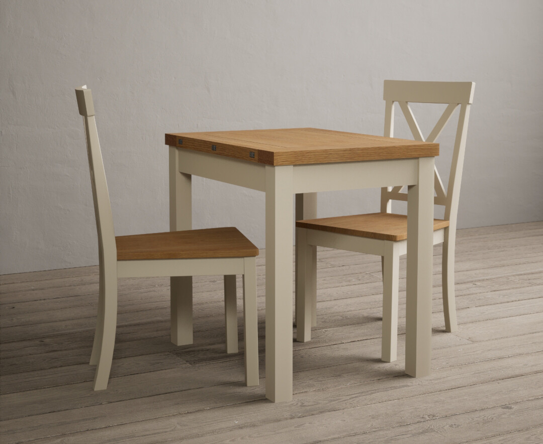 Photo 2 of Hadleigh oak and cream painted extending dining table with 2 brown suede hertford chairs