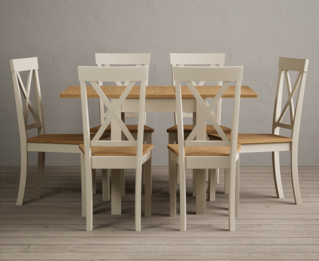 Photo 1 of Hadleigh oak and cream painted extending dining table with 2 brown suede hertford chairs