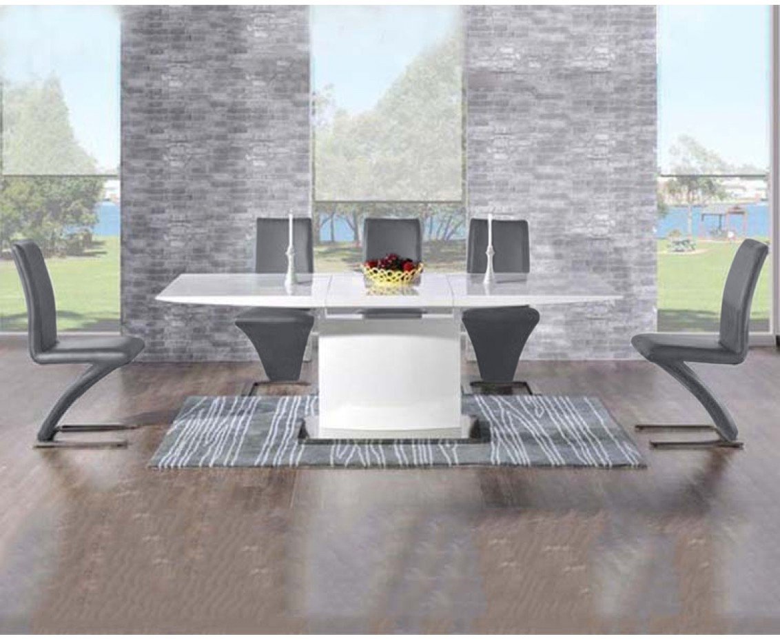 Extending Alessio 160cm White High Gloss Dining Table With 6 Grey Aldo Chairs