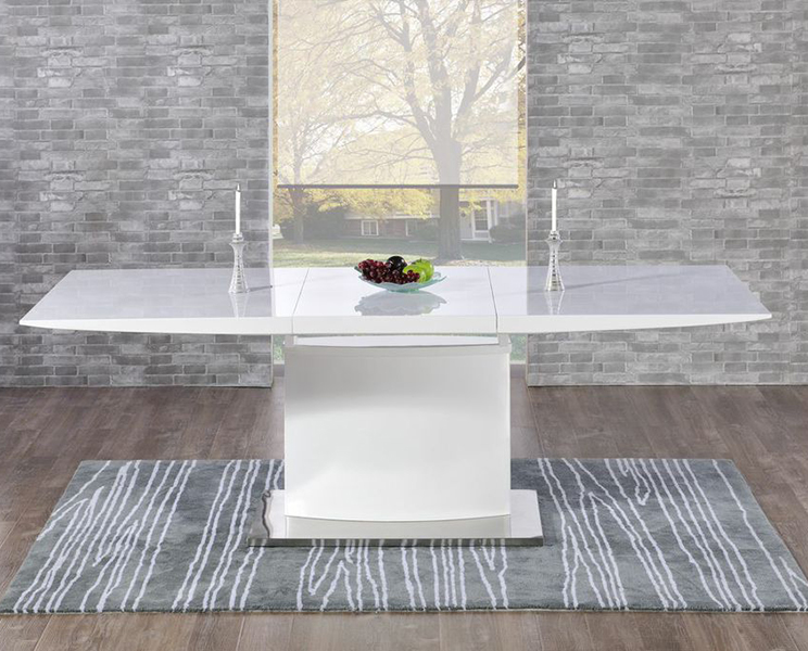 Photo 1 of Extending alessio 160cm white high gloss dining table with 6 grey aldo chairs