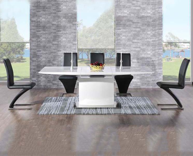 Extending Alessio 160cm White High Gloss Dining Table With 6 Black Aldo Chairs