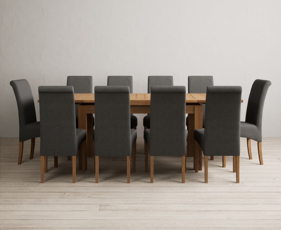Extending Buxton 140cm Solid Oak Dining Table With 6 Blue Scroll Back Chairs