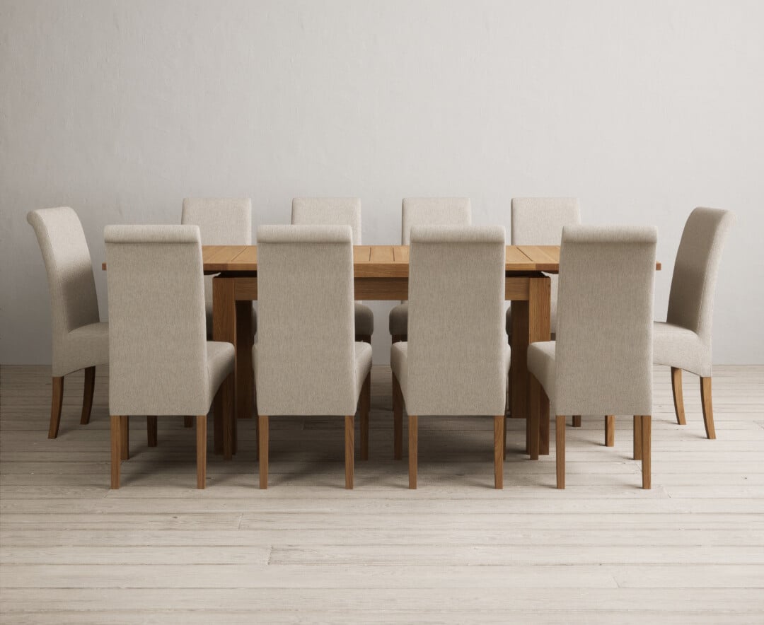 Extending Buxton 140cm Solid Oak Dining Table With 10 Grey Scroll Back Chairs