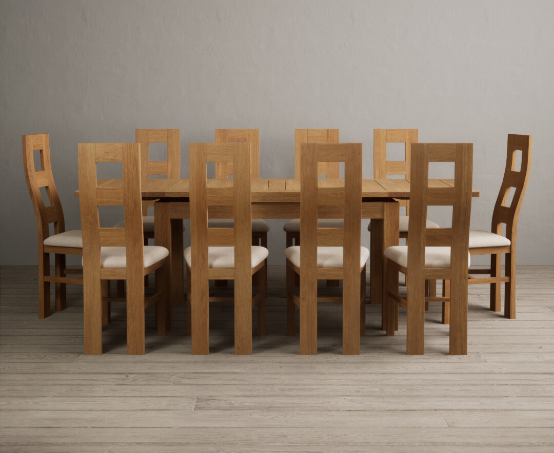 Product photograph of Extending Buxton 140cm Solid Oak Dining Table With 10 Light Grey Natural Chairs from Oak Furniture Superstore