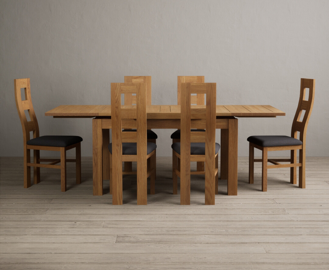 Photo 3 of Extending buxton 140cm solid oak dining table with 6 blue flow back chairs