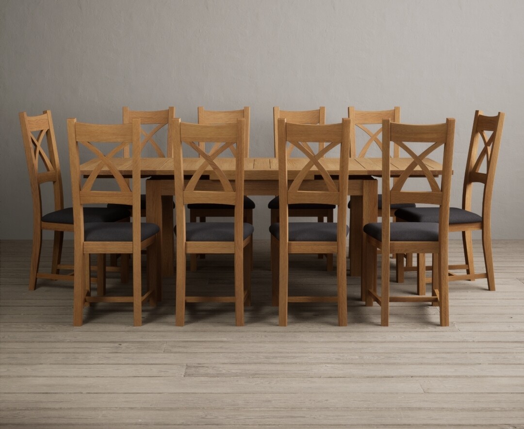 Extending Buxton 140cm Solid Oak Dining Table With 8 Light Grey Natural Solid Oak Chairs