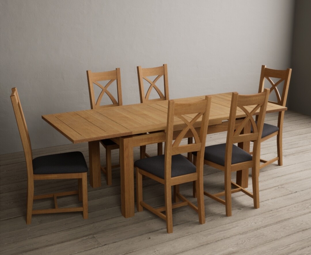 Photo 3 of Extending buxton 140cm solid oak dining table with 10 blue x back chairs