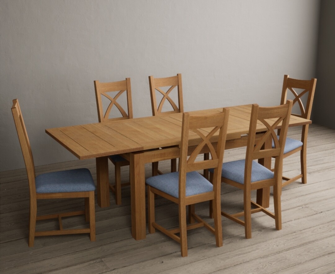 Photo 3 of Extending buxton 140cm solid oak dining table with 8 blue x back chairs