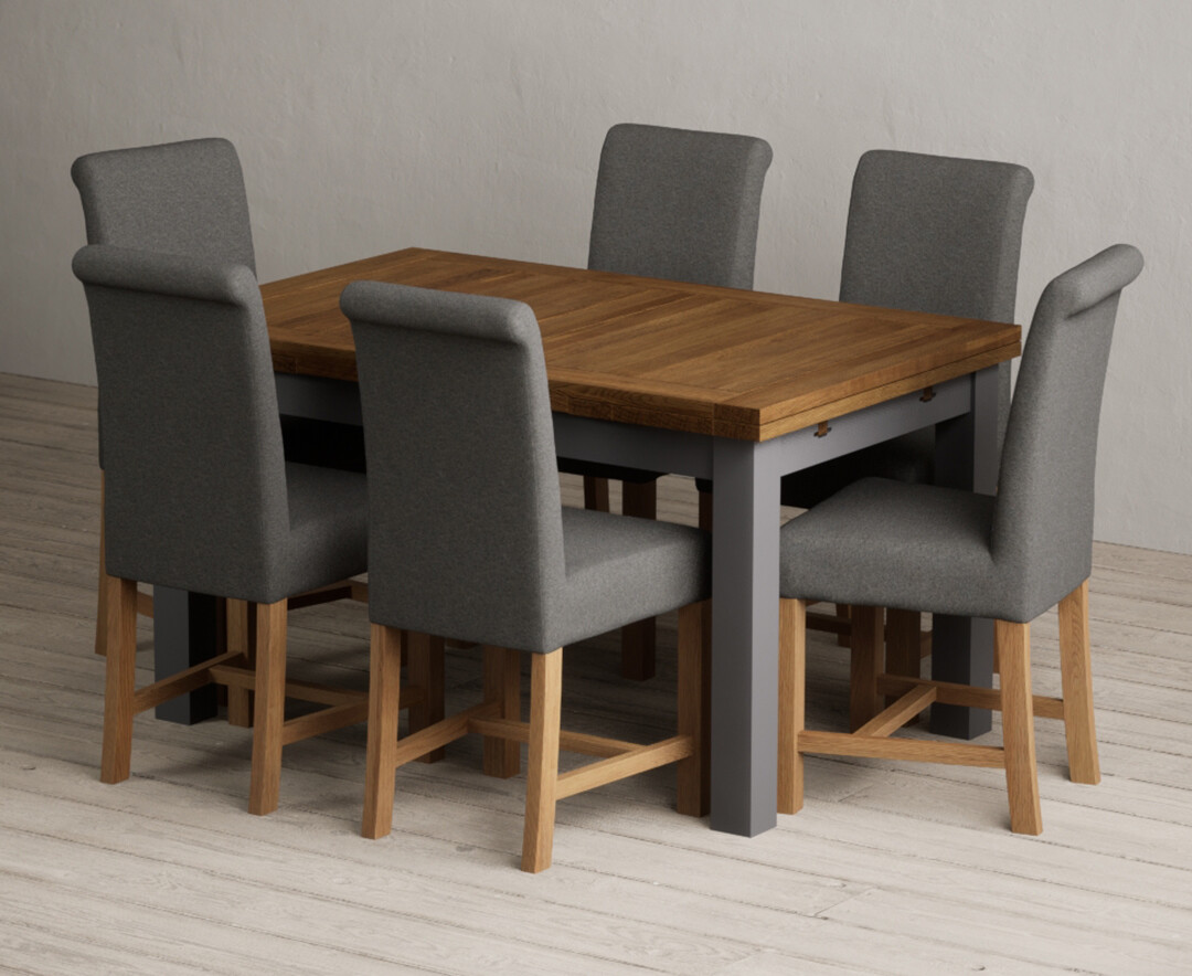 Extending Buxton 140cm Oak And Charcoal Grey Painted Dining Table With 6 Grey Scroll Back Chairs