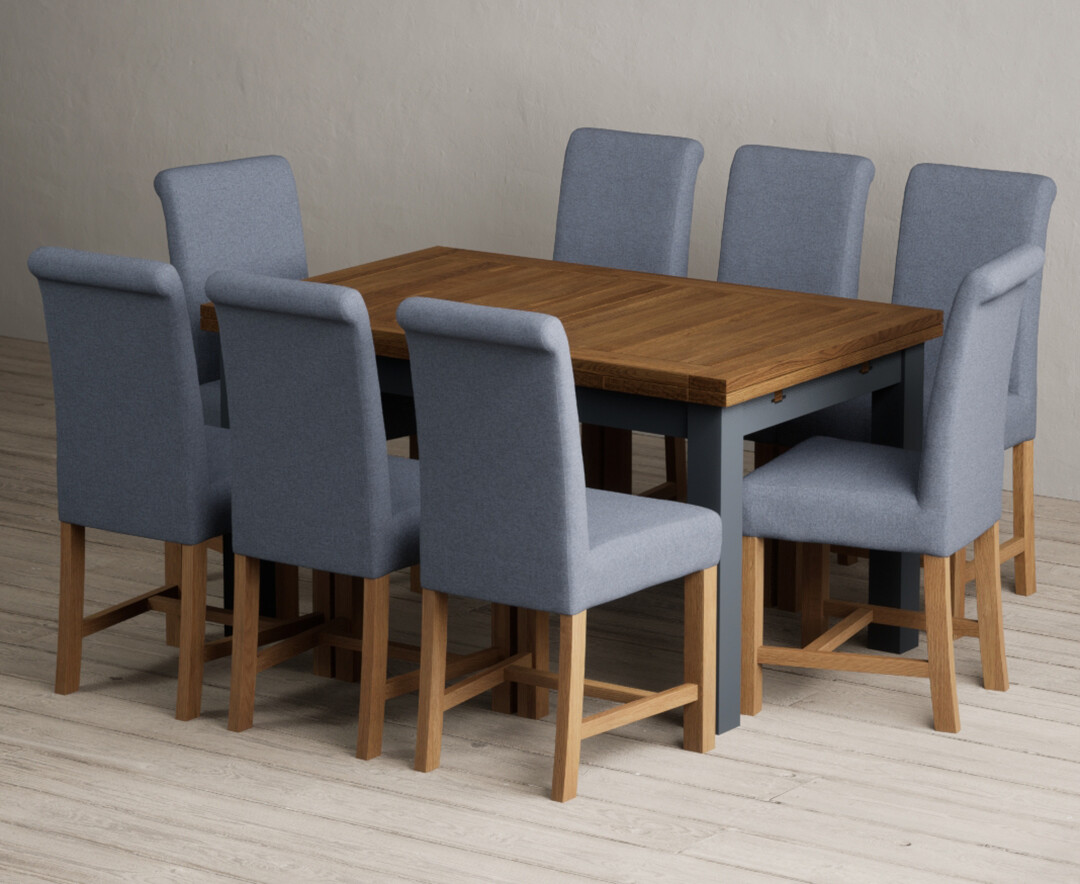 Extending Buxton 140cm Oak And Dark Blue Painted Dining Table With 6 Natural Scroll Back Chairs