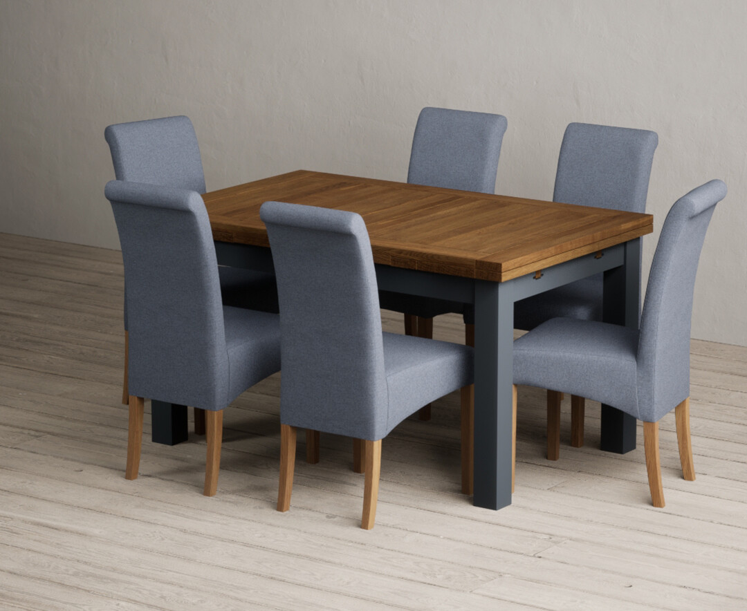 Extending Buxton 140cm Oak And Dark Blue Painted Dining Table With 8 Charcoal Grey Scroll Back Chairs