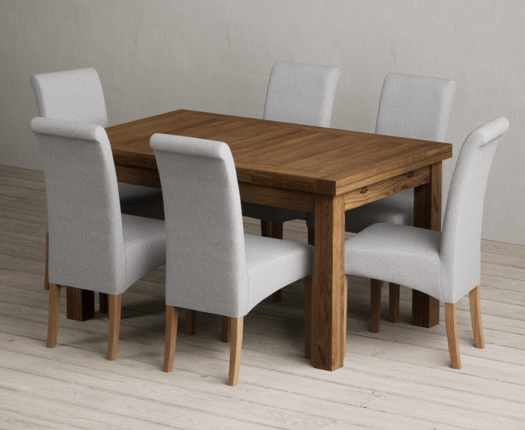 Extending Buxton 140cm Rustic Solid Oak Dining Table With 8 Blue Scroll Back Chairs