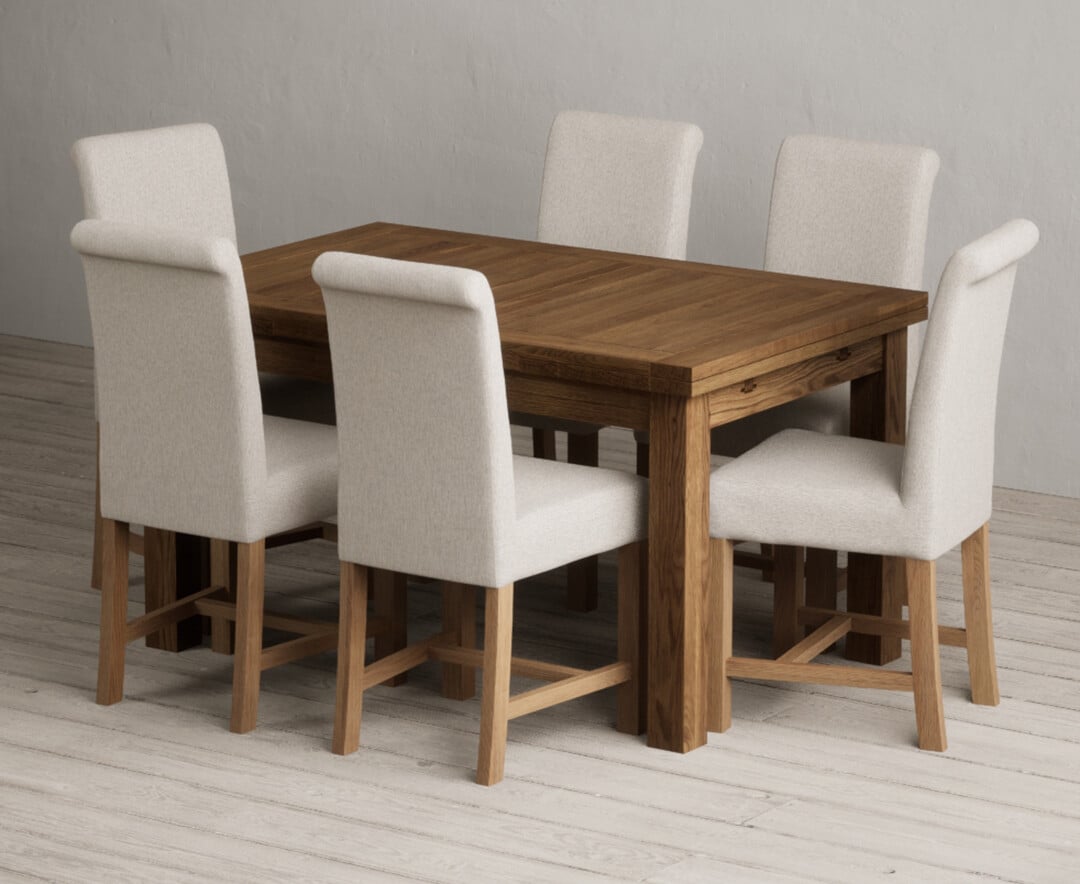 Extending Buxton 140cm Rustic Solid Oak Dining Table With 6 Grey Scroll Back Chairs