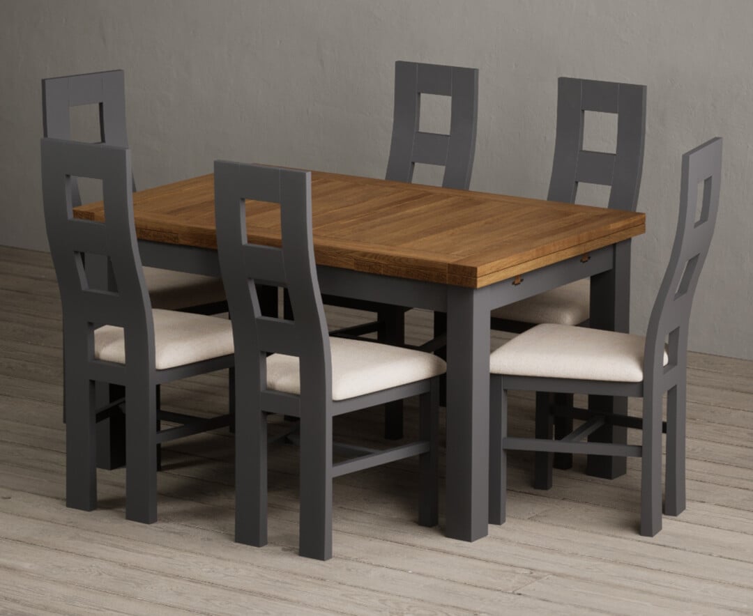 Extending Buxton 140cm Oak and Charcoal Grey Painted Dining Table with 6 Light Grey Painted Chairs