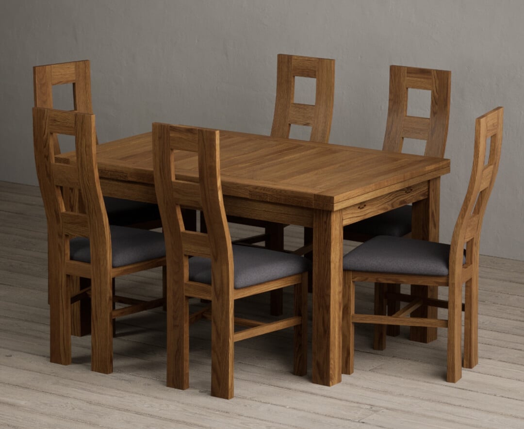 Extending Buxton 140cm Rustic Solid Oak Dining Table with 6 Light Grey Rustic Solid Oak Chairs