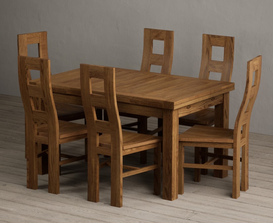 Extending Buxton 140cm Rustic Solid Oak Dining Table with 8 Rustic Oak Rustic Solid Oak Chairs