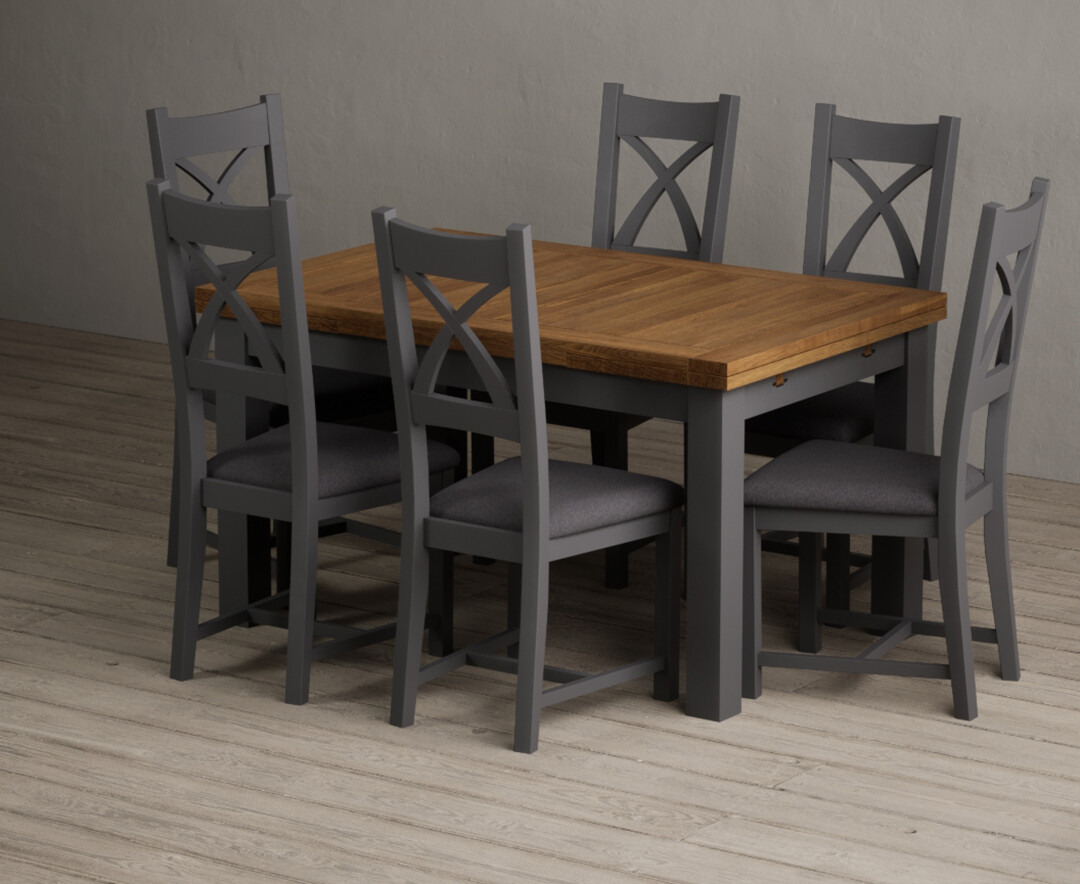 Extending Buxton 140cm Oak And Charcoal Grey Painted Dining Table With 6 Light Grey Painted Chairs