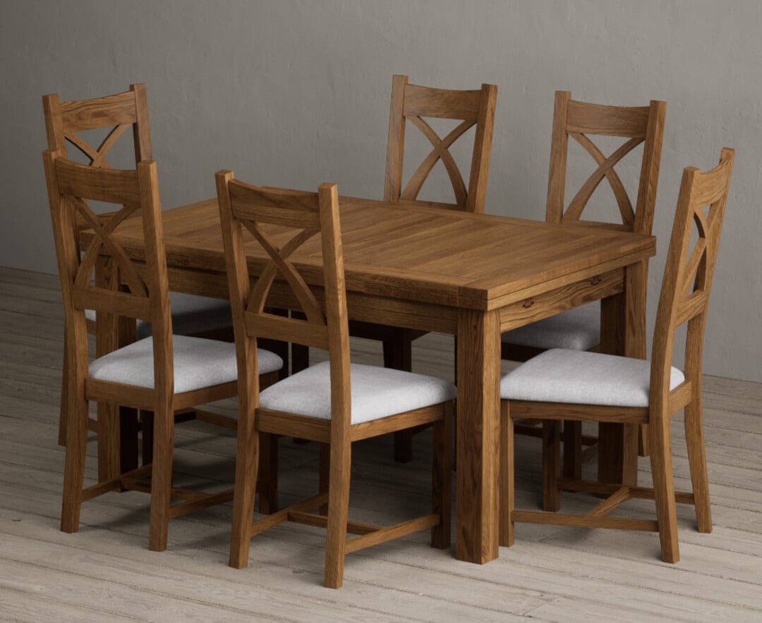 Extending Buxton 140cm Rustic Solid Oak Dining Table with 6 Light Grey Rustic Solid Oak Chairs