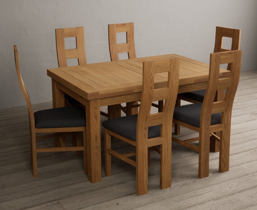 Photo 1 of Extending buxton 140cm solid oak dining table with 6 blue flow back chairs