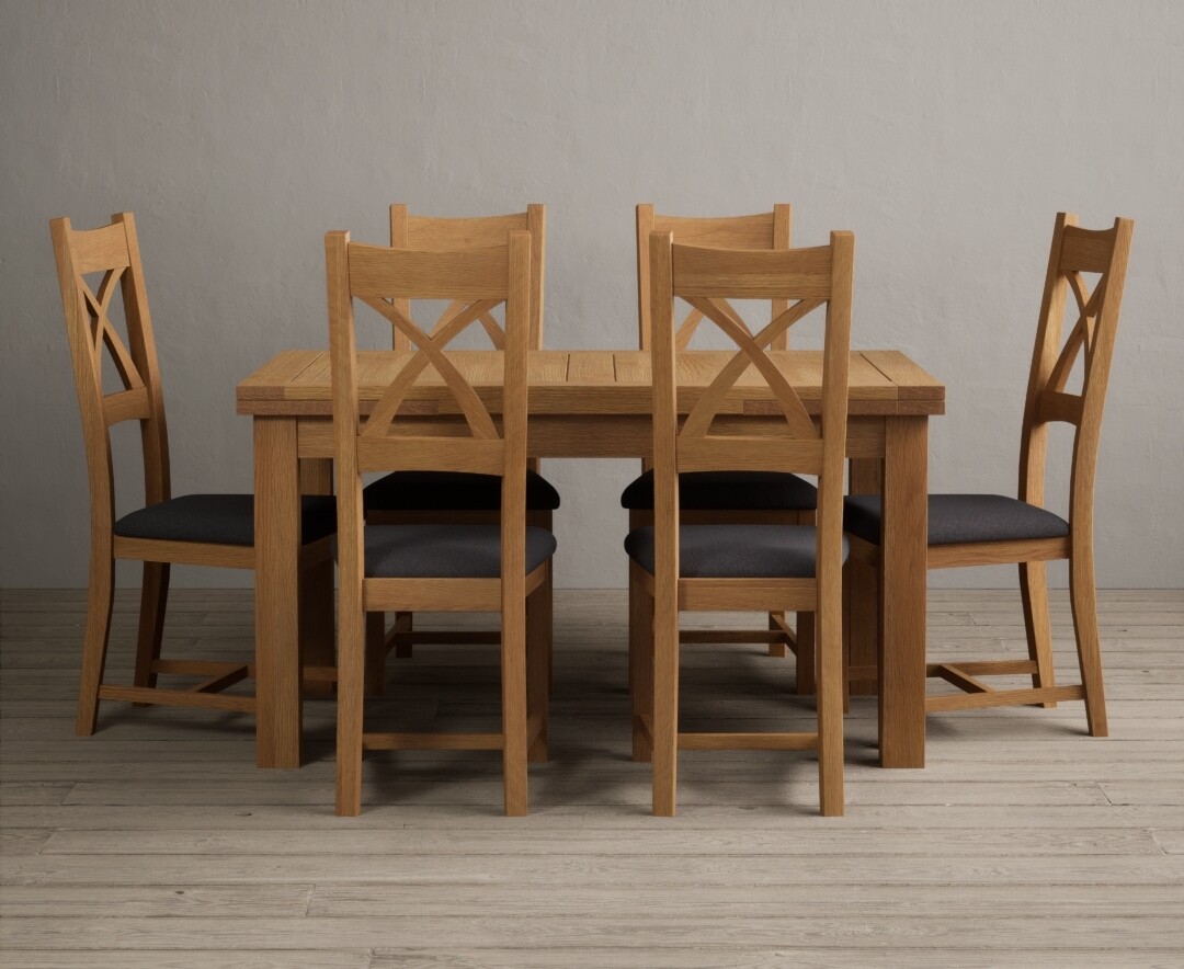 Product photograph of Extending Hampshire 140cm Solid Oak Dining Table With 8 Light Grey X Back Chairs from Oak Furniture Superstore